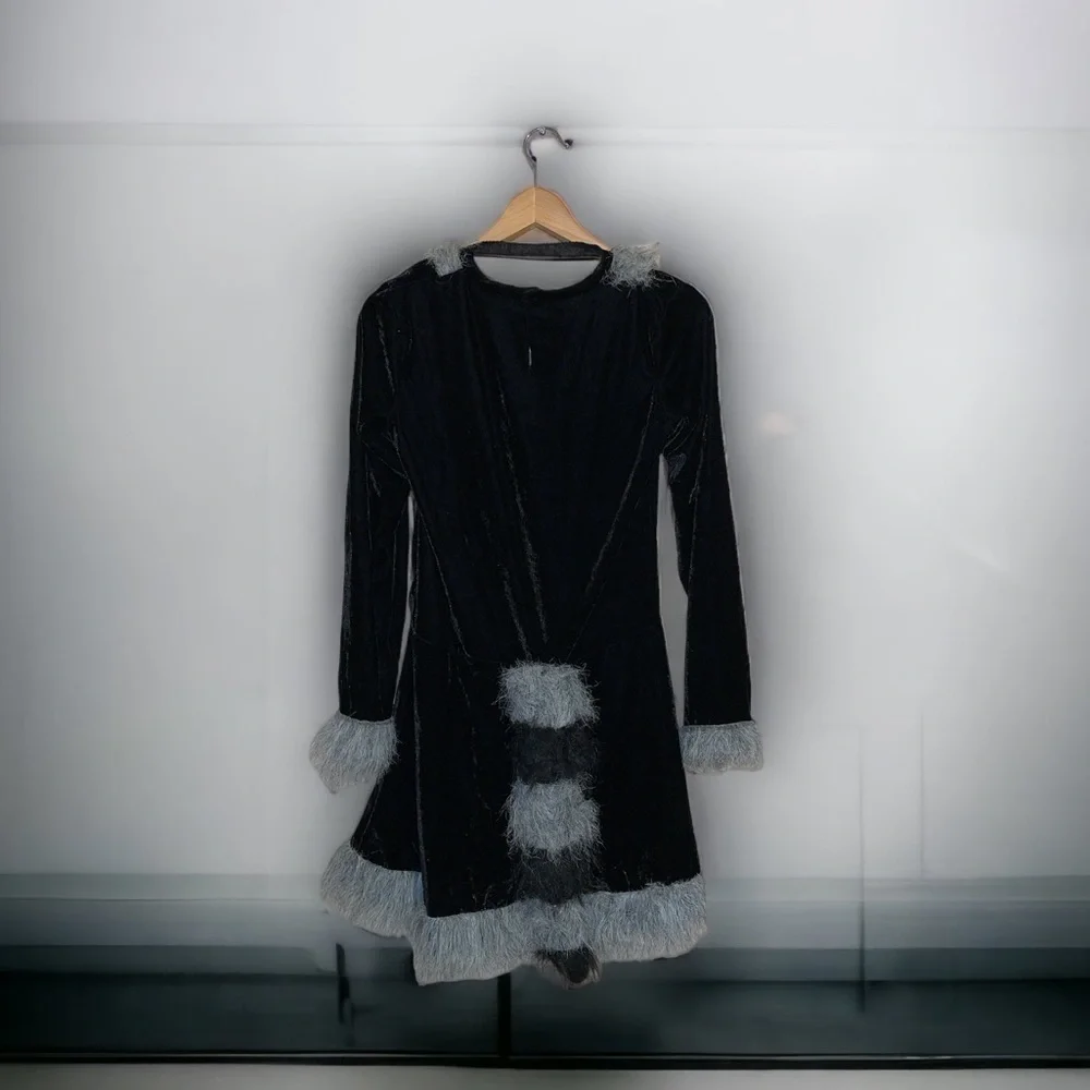 90s Black Cat Velvet Velour Quarter Sleeve Mini Dress Costume Plus Tail Size M/L - Picture 3 of 6